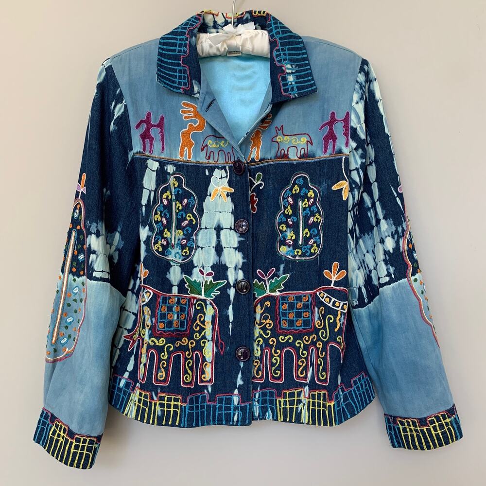 Madison Studio denim tie dye jacket funky animal embroidery satin lined size M